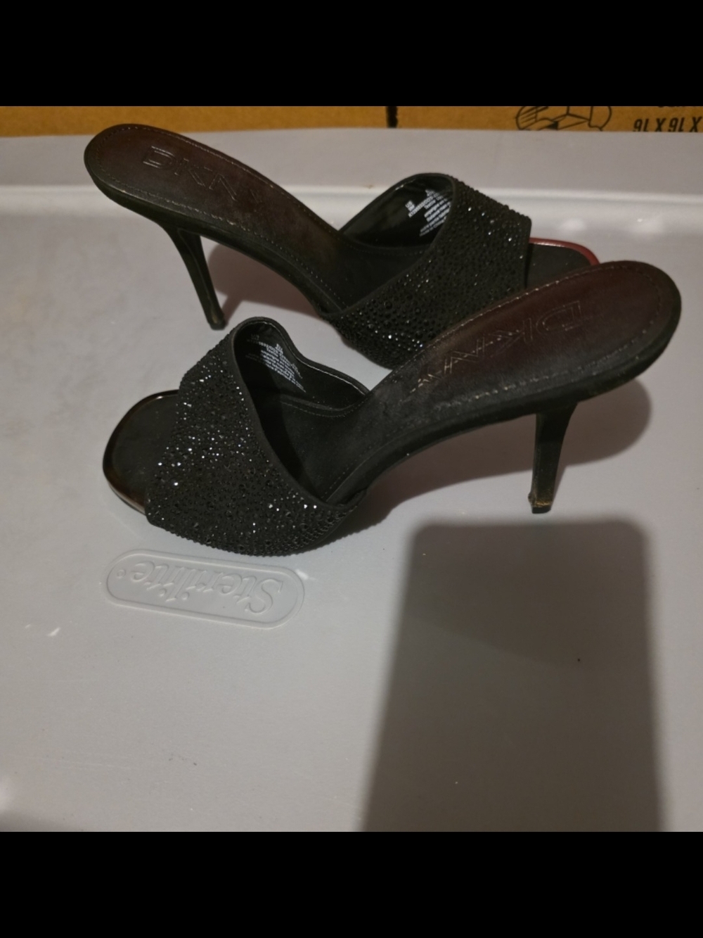 DKNY Elegant Black Rhinestone Slide Heels